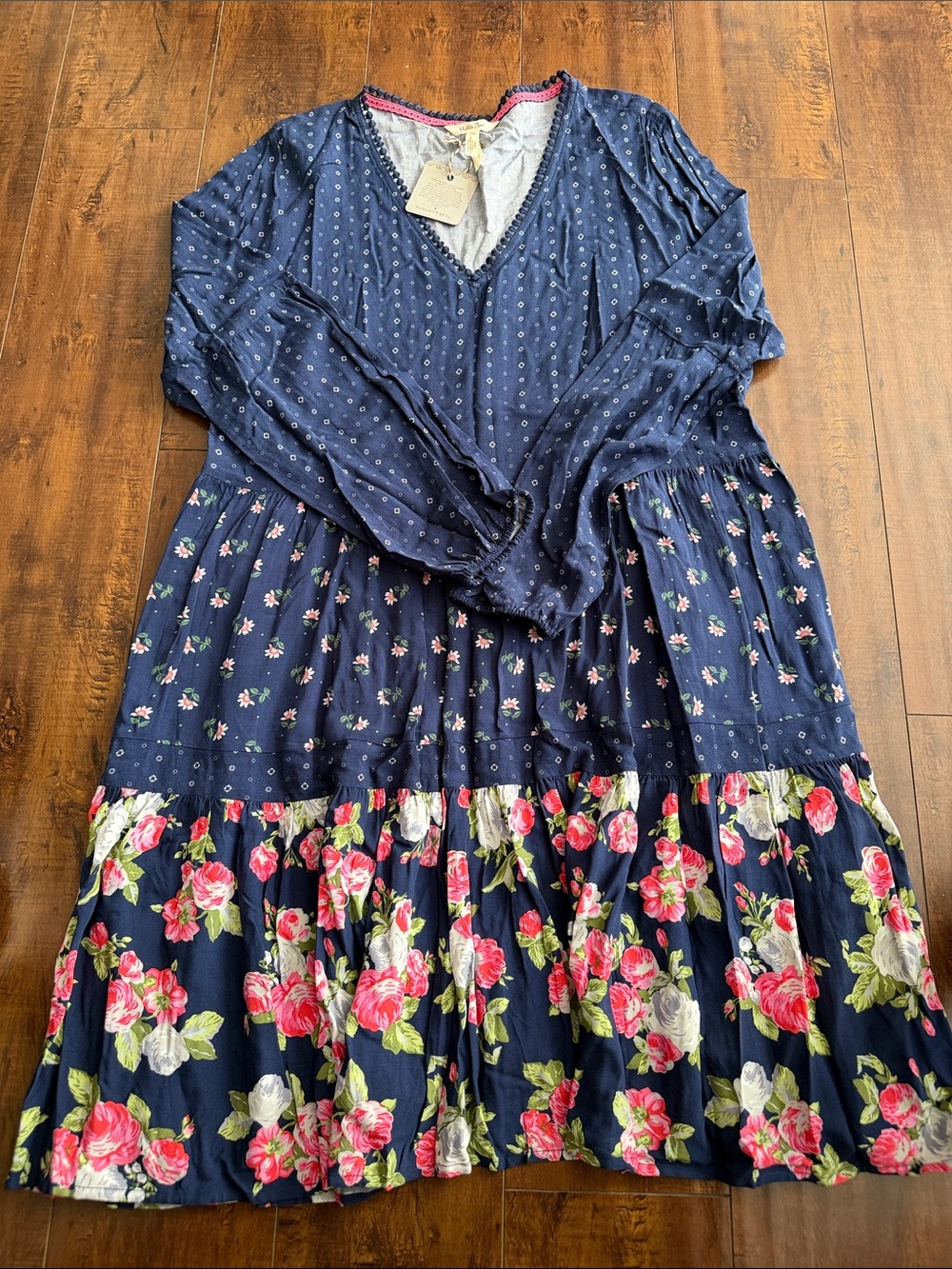 Matilda Jane Navy Floral Tiered Long Sleeve Dress with Pink Roses
